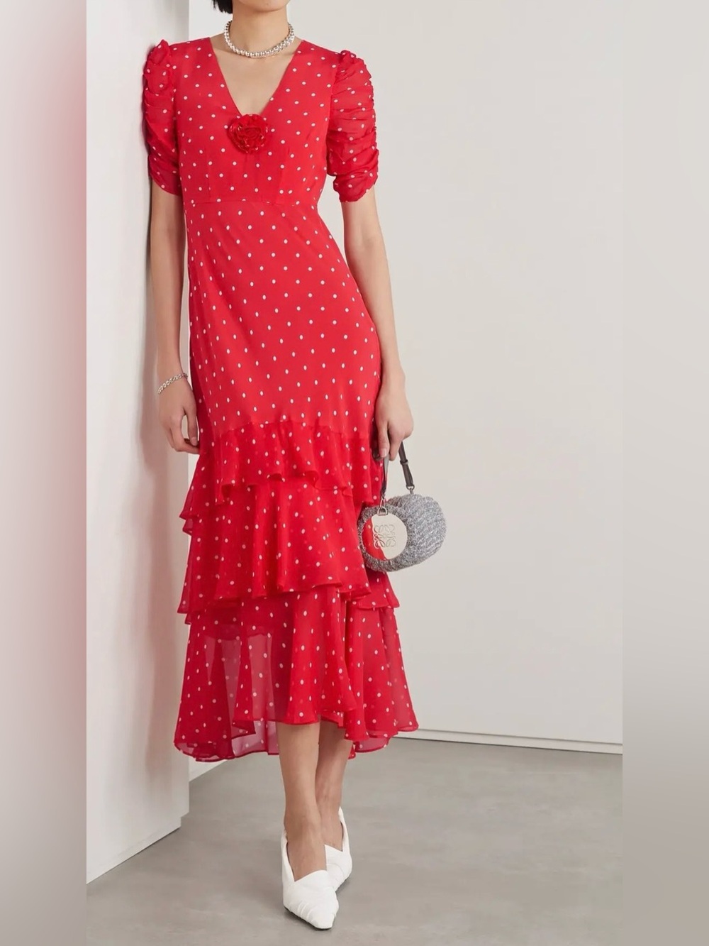 RIXO Red Polka Dot Ruffled High-Low Midi Dress